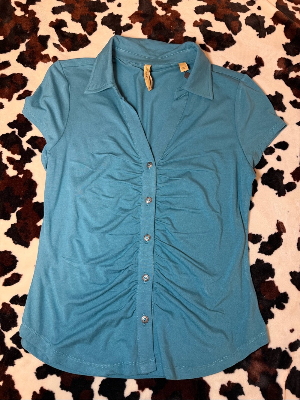 Shyanne Teal Short-Sleeve Ruched Button-Down Shirt